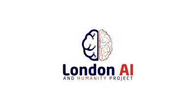 Logo for the London AI Humanity Project. It is a brain divided in two spheres. The left side is closer to a realistic anatomy of a brain and the right side is graphic version. 