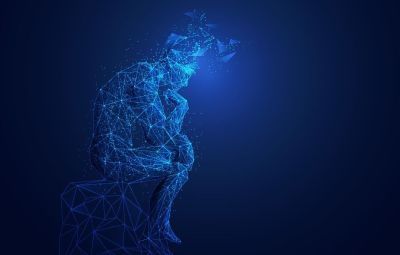Alternative version of the image of the thinker created by pixels and digital symbols